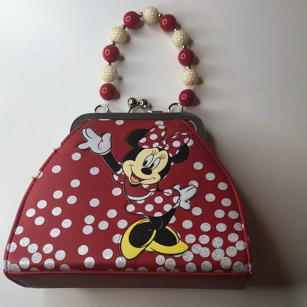 Disney parks Minnie Mouse cute small handbag purse beaded Polka Dots Red Bow EUC